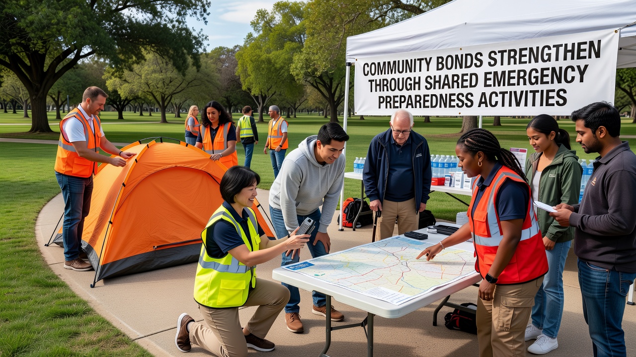 Volunteers from different age groups collaborate on assembling emergency supply kits during a community workshop